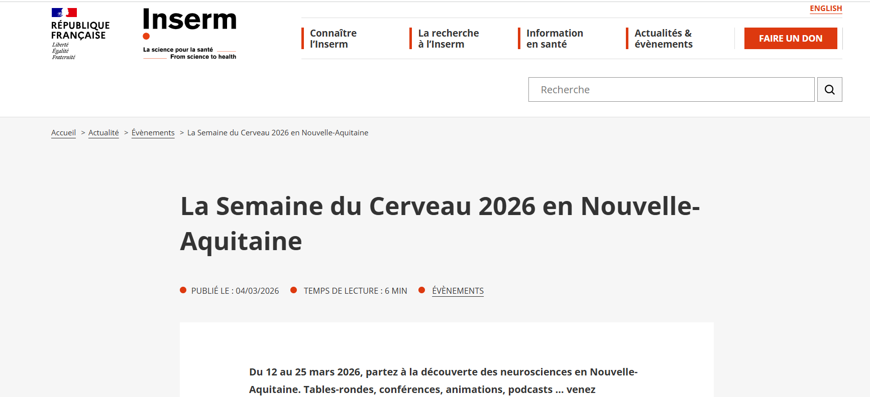 La Semaine du Cerveau 2026 en Nouvelle-Aquitaine (INSERM)